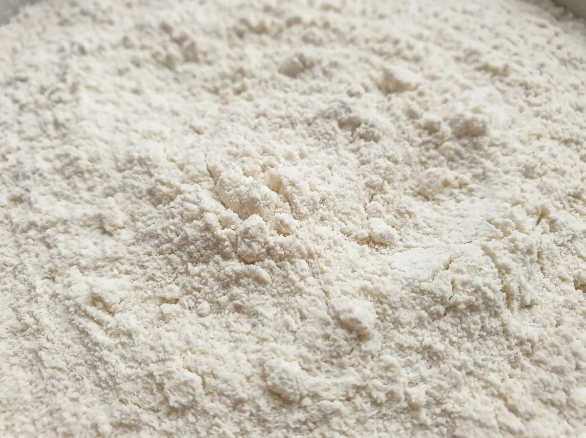 Farine de blé versée en filet depuis un sac