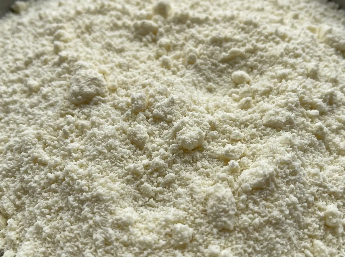 Poudre de lait blanche s'écoulant d'un big bag