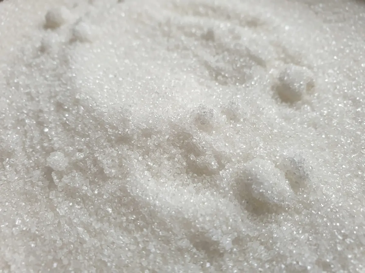 Sucre cristallisé en tas sur un tapis de reprise